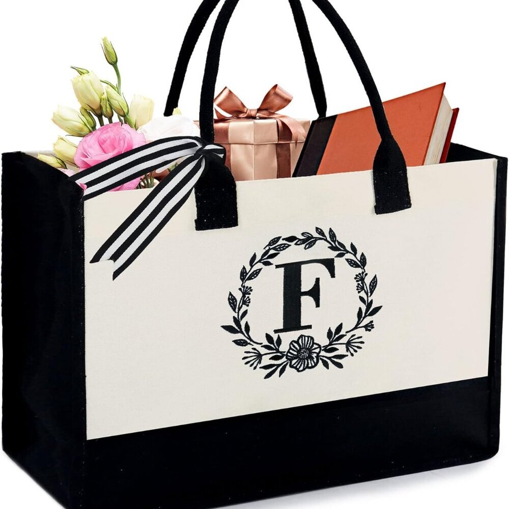 Gift Basket Monogram Initial Canvas Tote Bag with Pocket Embroidery Personalized